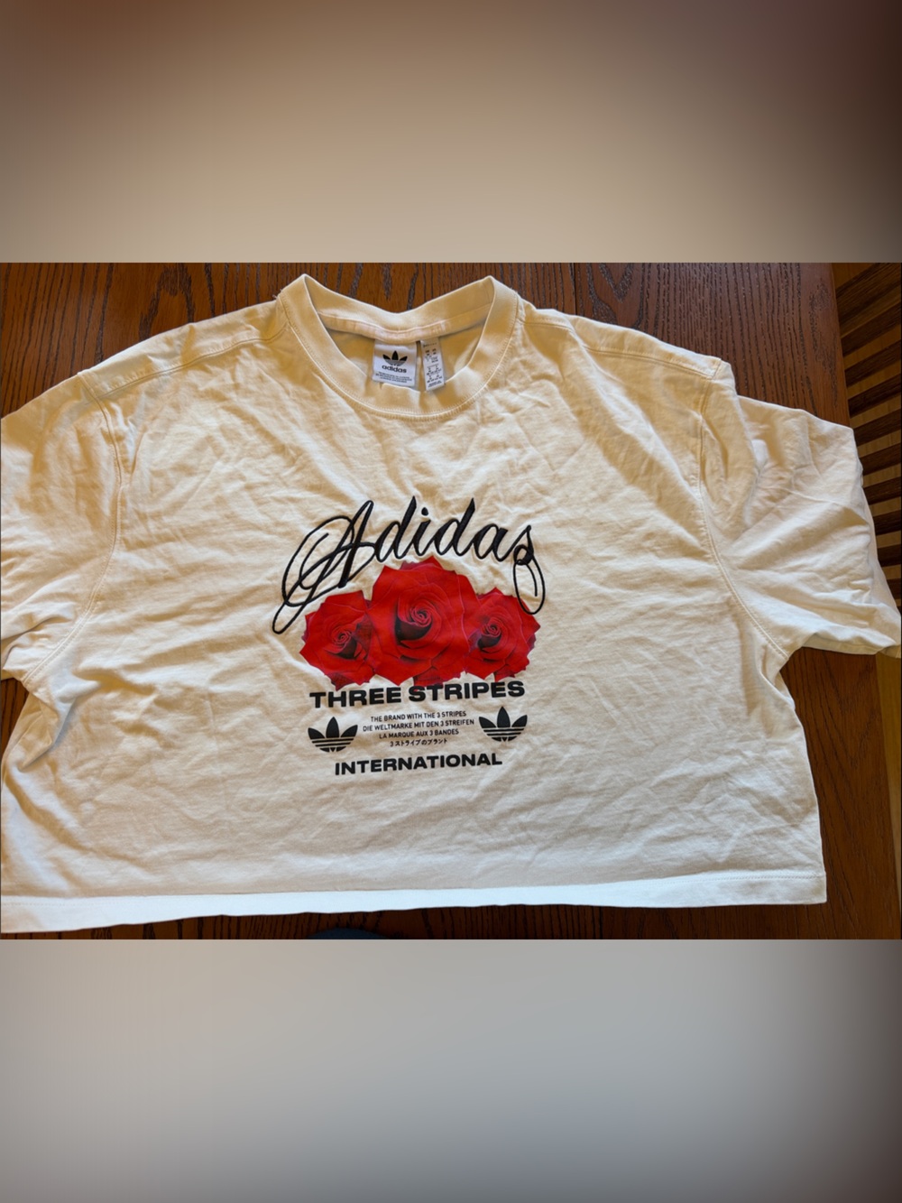 Adidas White Crop Top with Red Rose Graphic